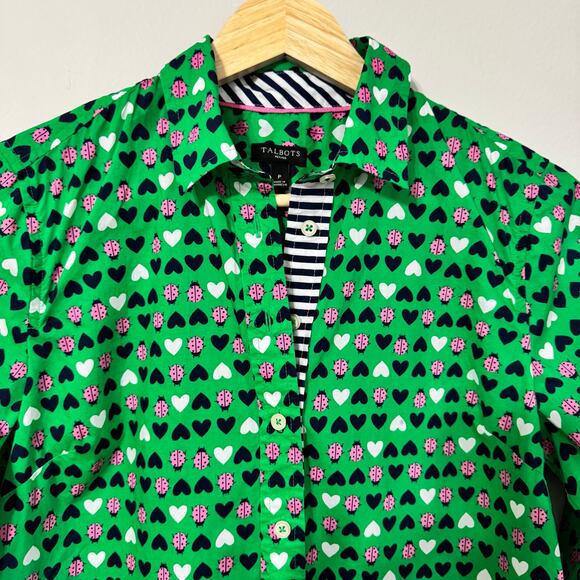 Talbots Top Size P Button Down Green Ladybug Hearts Contrast Cuff Novelty - Picture 4 of 15